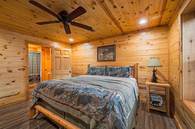 bedroom with wooden walls, recessed lighting, wooden ceiling, and wood finished floors