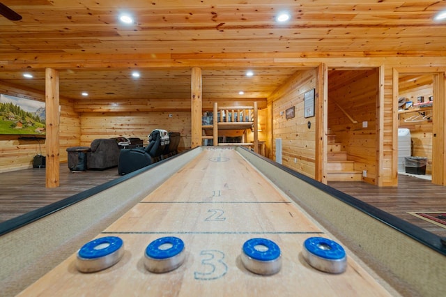 playroom featuring wooden walls, recessed lighting, and wood ceiling