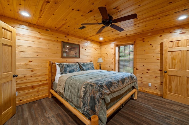 bedroom featuring visible vents, wood walls, recessed lighting, wooden ceiling, and dark wood-style floors