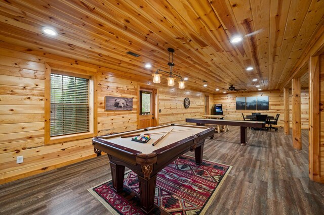 recreation room with wooden walls, wood finished floors, recessed lighting, pool table, and wood ceiling