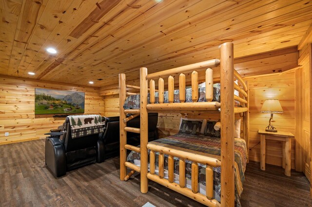 bedroom with recessed lighting, wood ceiling, and wood finished floors