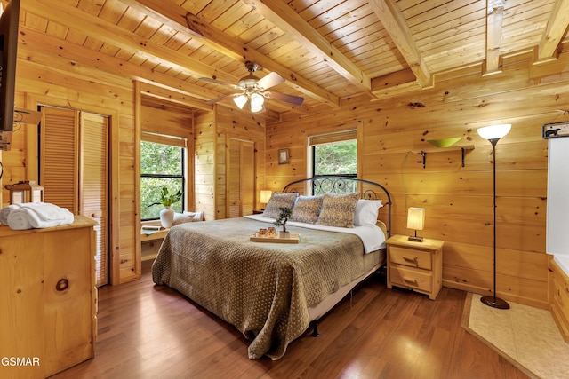 1926 Bird Hill Rd, Sevierville, TN 37876 - bedroom featuring wooden ceiling, beamed ceiling, wood finished floors, and wooden walls