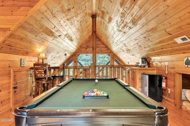 1926 Bird Hill Rd, Sevierville, TN 37876 - rec room featuring wooden ceiling, billiards, wooden walls, vaulted ceiling, and wood finished floors