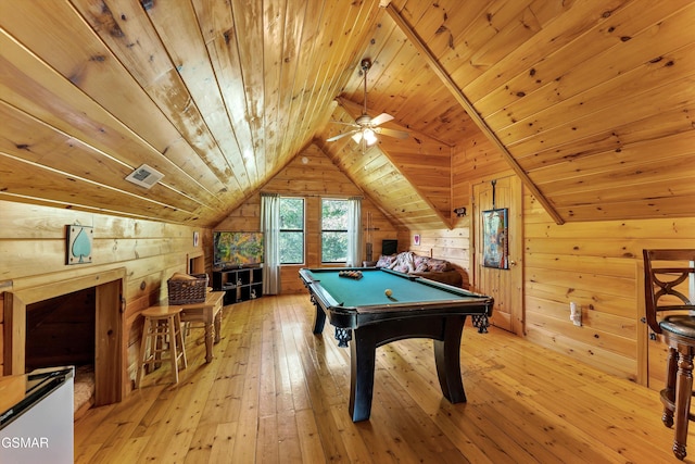1926 Bird Hill Rd, Sevierville, TN 37876 - rec room featuring wood walls, wood ceiling, billiards table, light wood finished floors, and vaulted ceiling