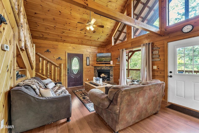 1926 Bird Hill Rd, Sevierville, TN 37876 - living room featuring wood finished floors, beamed ceiling, wood walls, high vaulted ceiling, and a ceiling fan