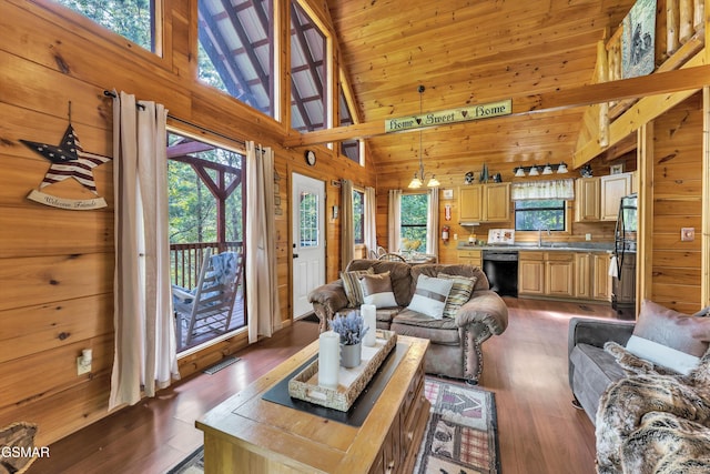 1926 Bird Hill Rd, Sevierville, TN 37876 - living area with wood walls, wood finished floors, high vaulted ceiling, and beamed ceiling