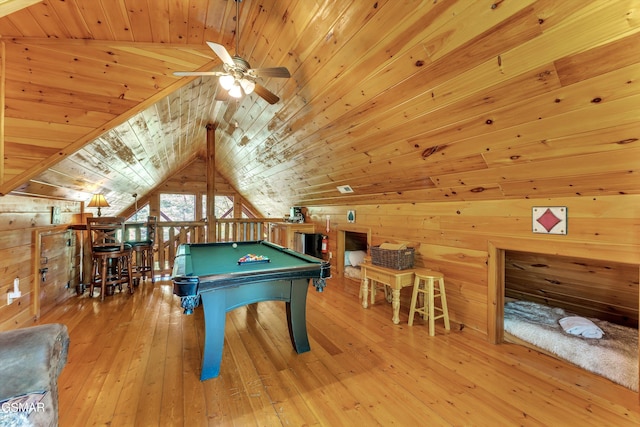 1926 Bird Hill Rd, Sevierville, TN 37876 - rec room with wood walls, a ceiling fan, wooden ceiling, hardwood / wood-style floors, and pool table