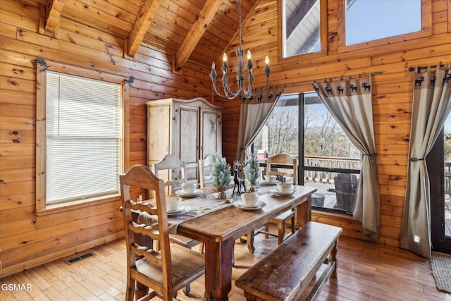 dining room with wood ceiling, an inviting chandelier, wood-type flooring, high vaulted ceiling, and beamed ceiling