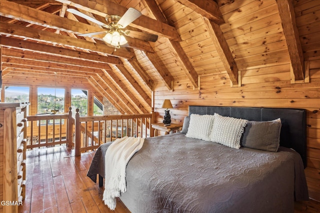 bedroom with hardwood / wood-style flooring, vaulted ceiling with beams, wooden ceiling, and wooden walls