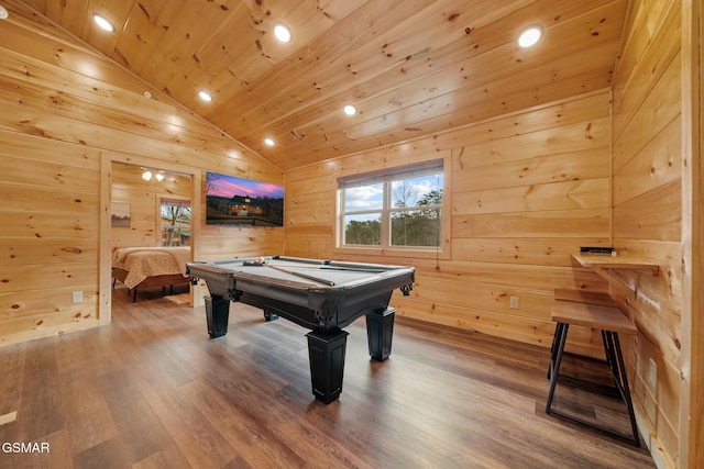 2939 Fiddlers Creek Way, Pigeon Forge, TN 37863 - recreation room featuring lofted ceiling, billiards, wooden ceiling, wood walls, and wood finished floors