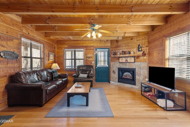 living room featuring wooden ceiling and wood walls