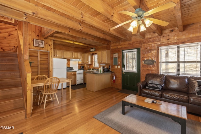 living room featuring light wood-style floors, wood ceiling, beamed ceiling, and wooden walls