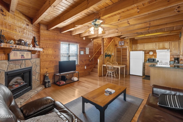 living area featuring wood ceiling, wooden walls, stairway, and wood finished floors