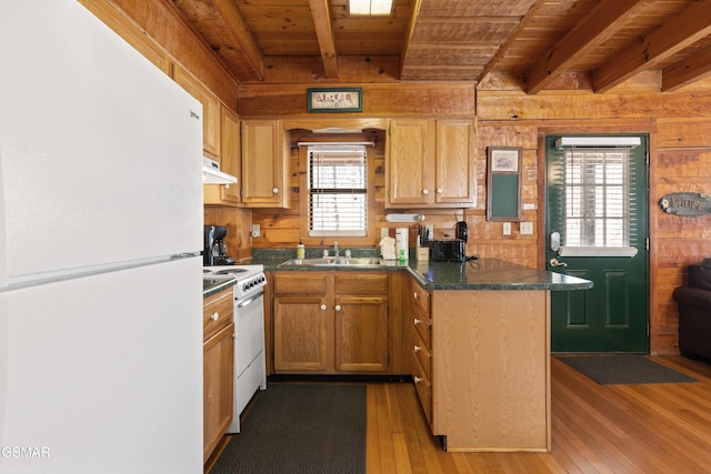 kitchen featuring beam ceiling, wood ceiling, a sink, white appliances, and under cabinet range hood