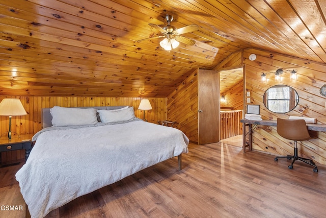 bedroom featuring vaulted ceiling, wooden ceiling, wood walls, and wood finished floors