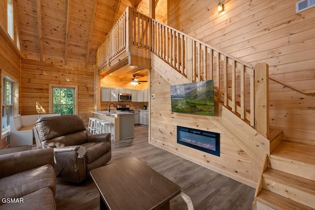 living room with wood ceiling, wood-type flooring, sink, and high vaulted ceiling