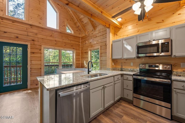 kitchen featuring sink, kitchen peninsula, stainless steel appliances, and wooden walls