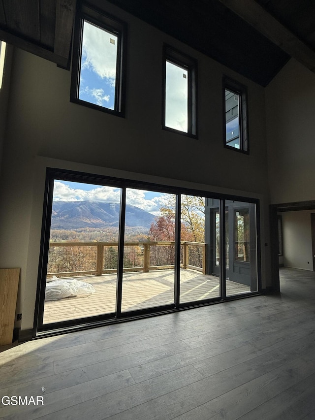 interior space with hardwood / wood-style flooring, a mountain view, and a high ceiling