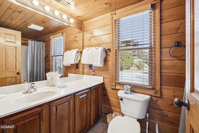 bathroom featuring wood ceiling, tile patterned floors, vanity, toilet, and wood walls