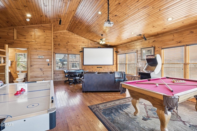 playroom featuring wood ceiling, hardwood / wood-style floors, ceiling fan, billiards, and vaulted ceiling