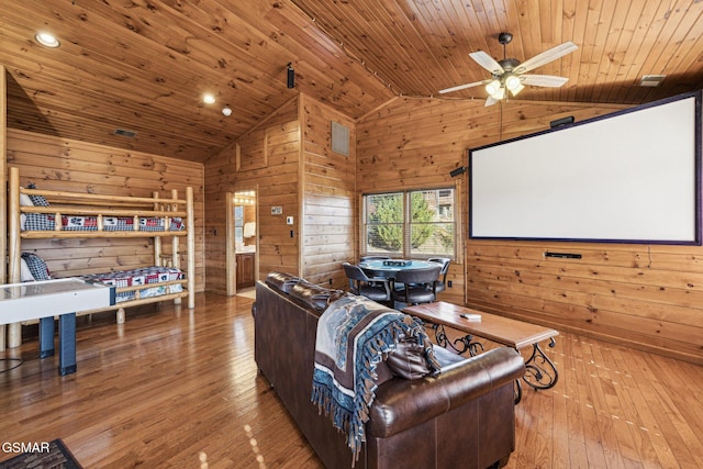 home theater room featuring ceiling fan, wooden ceiling, light hardwood / wood-style flooring, and wood walls