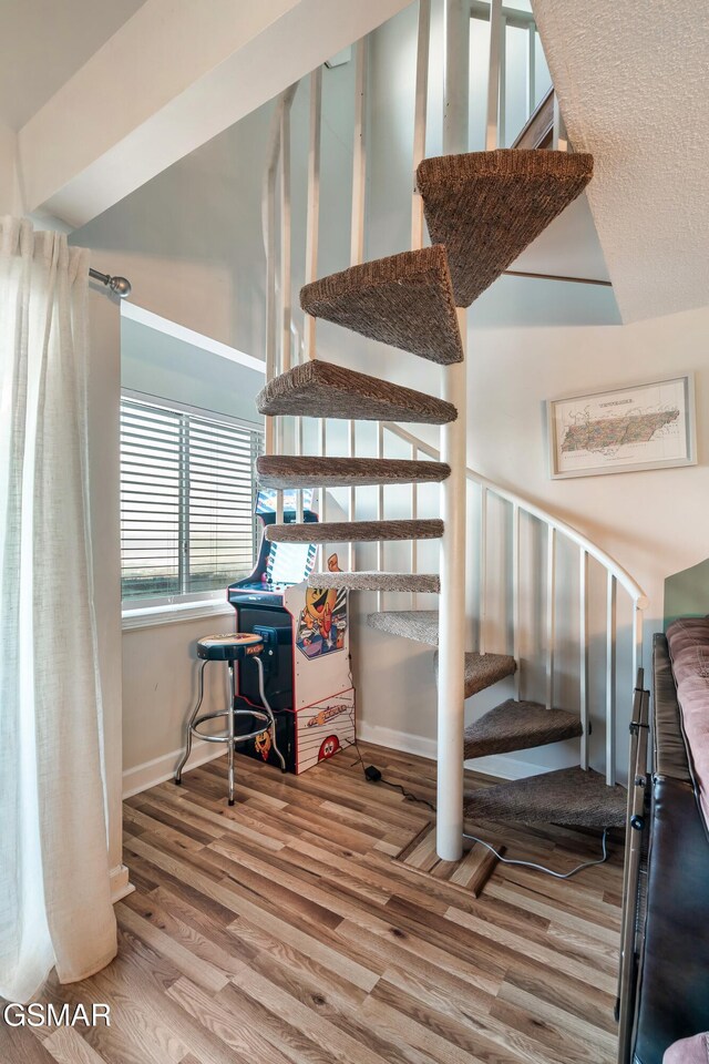 stairway featuring wood-type flooring