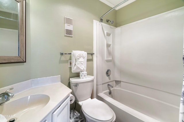 full bathroom with shower / bath combo, vanity, toilet, and crown molding