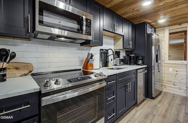 1125 Tanrac Trl, Gatlinburg, TN 37738 - kitchen with a sink, tasteful backsplash, light wood-type flooring, wood ceiling, and appliances with stainless steel finishes