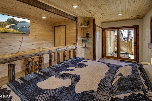1125 Tanrac Trl, Gatlinburg, TN 37738 - bedroom featuring wood finished floors, wooden walls, wood ceiling, access to exterior, and recessed lighting