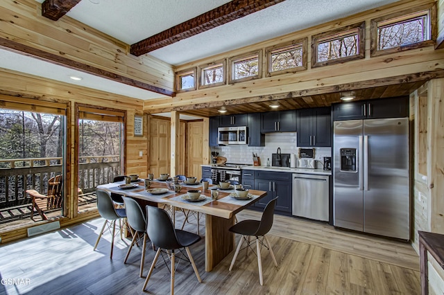 1125 Tanrac Trl, Gatlinburg, TN 37738 - dining area featuring beamed ceiling, wood walls, light wood finished floors, and a textured ceiling