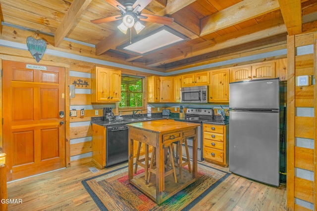 1918 Charles Lewis Way, Sevierville, TN 37876 - kitchen featuring stainless steel appliances, a wood ceiling with exposed beams, dark countertops, light wood-style flooring, and ceiling fan