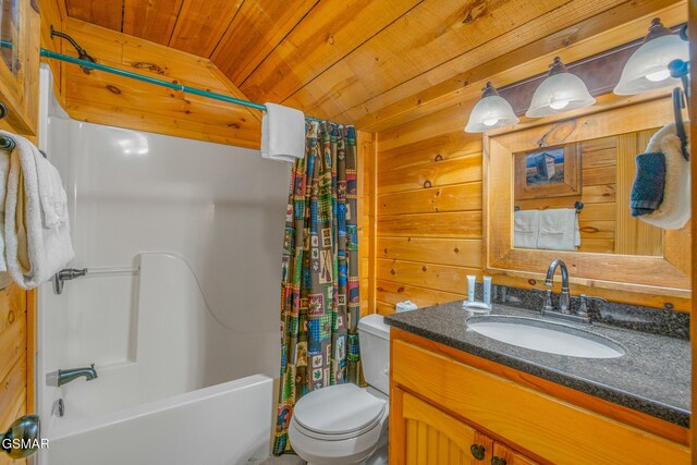 1918 Charles Lewis Way, Sevierville, TN 37876 - bathroom featuring wood ceiling, vanity, shower / bath combo with shower curtain, and wooden walls