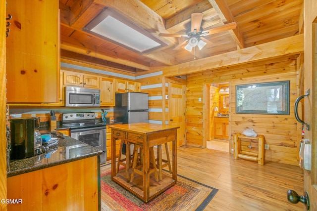 1918 Charles Lewis Way, Sevierville, TN 37876 - kitchen with appliances with stainless steel finishes, a wood ceiling with exposed beams, wood walls, light wood-style flooring, and a ceiling fan