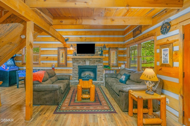 1918 Charles Lewis Way, Sevierville, TN 37876 - living room with a wooden ceiling with exposed beams, wood finished floors, wood walls, and a fireplace