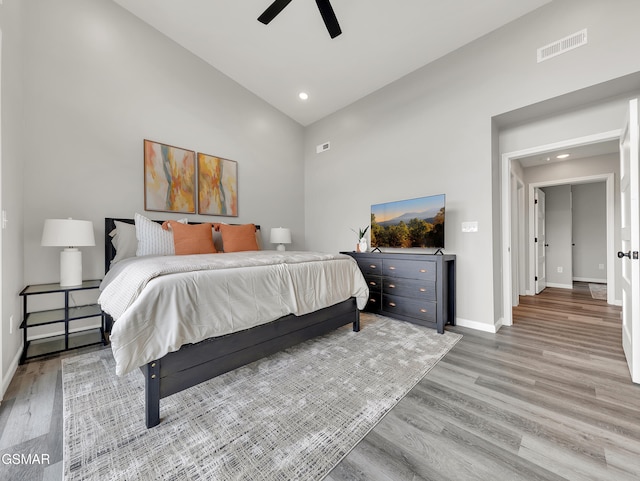 3141 Teaster Ln Unit 1, Pigeon Forge, TN 37863 - bedroom featuring light wood-style floors, high vaulted ceiling, recessed lighting, and ceiling fan