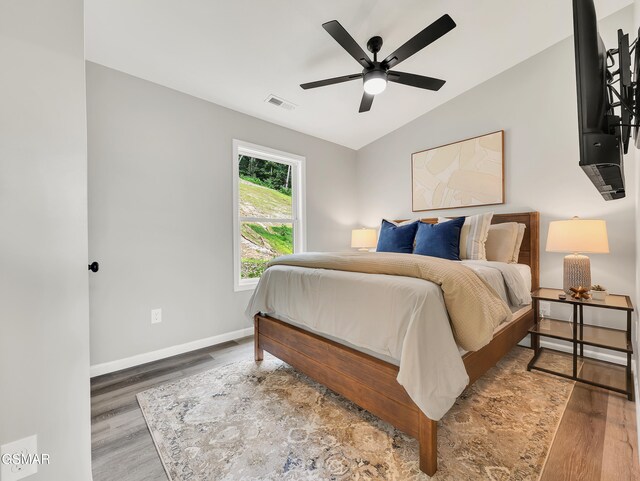 3141 Teaster Ln Unit 1, Pigeon Forge, TN 37863 - bedroom with wood finished floors, lofted ceiling, and ceiling fan