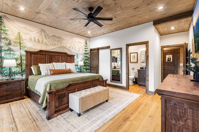 4408 Stackstone Rd, Sevierville, TN 37862 - bedroom featuring wood ceiling, light wood-type flooring, recessed lighting, ensuite bath, and ceiling fan