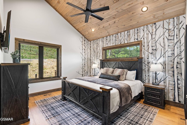 4408 Stackstone Rd, Sevierville, TN 37862 - bedroom with wood finished floors, wood ceiling, high vaulted ceiling, recessed lighting, and ceiling fan