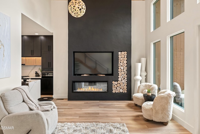 1163 Reedmont Way, Sevierville, TN 37876 - living area with a towering ceiling, wood finished floors, and a glass covered fireplace