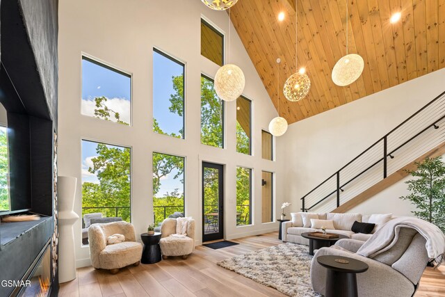 1163 Reedmont Way, Sevierville, TN 37876 - living room featuring high vaulted ceiling, wood ceiling, plenty of natural light, wood finished floors, and recessed lighting
