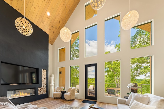 1163 Reedmont Way, Sevierville, TN 37876 - living area with high vaulted ceiling, wood ceiling, wood finished floors, a glass covered fireplace, and recessed lighting