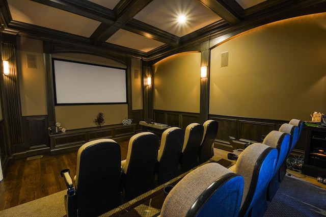 home theater room with crown molding, beamed ceiling, and coffered ceiling