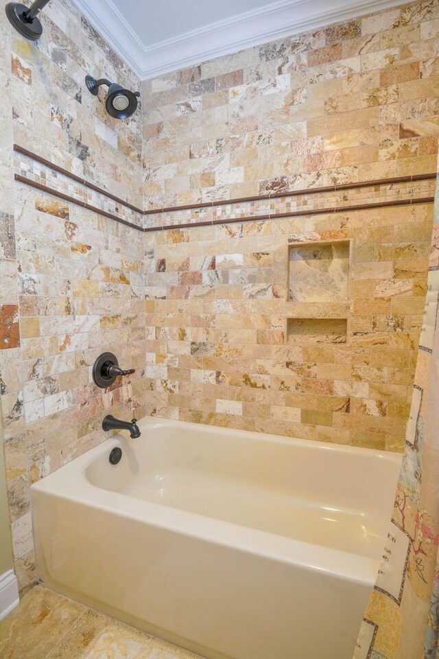 bathroom featuring shower / bathtub combination and ornamental molding