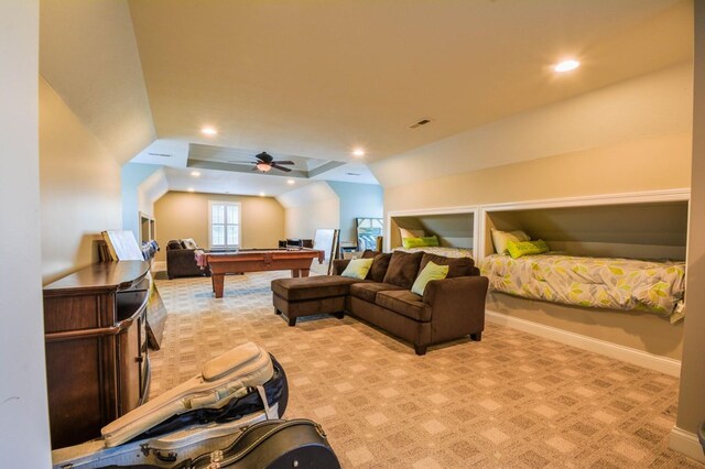 game room with ceiling fan, light colored carpet, lofted ceiling, and pool table