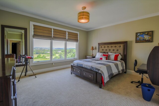 bedroom featuring light colored carpet and ornamental molding