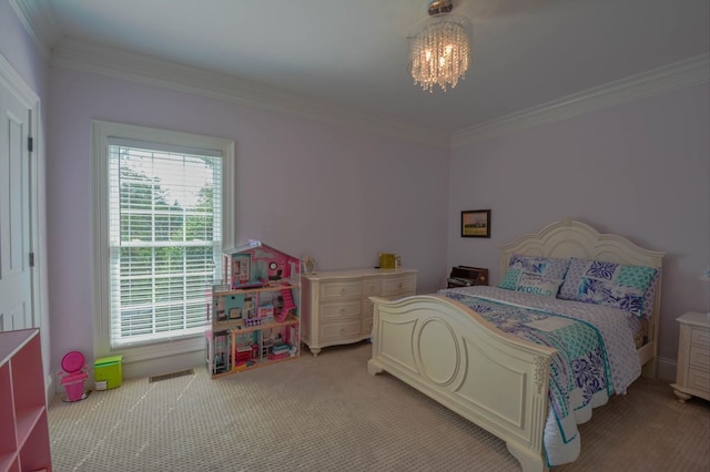 carpeted bedroom with an inviting chandelier and ornamental molding