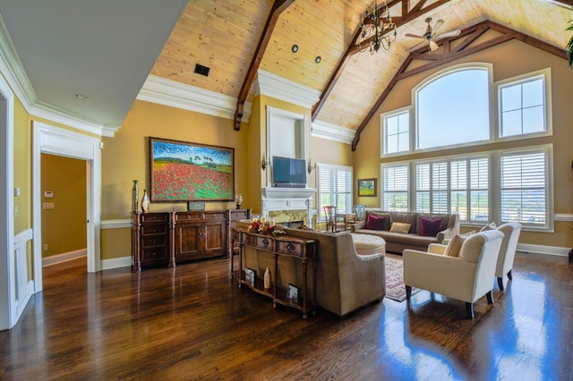 living room with high vaulted ceiling, ceiling fan, beam ceiling, dark hardwood / wood-style flooring, and wood ceiling