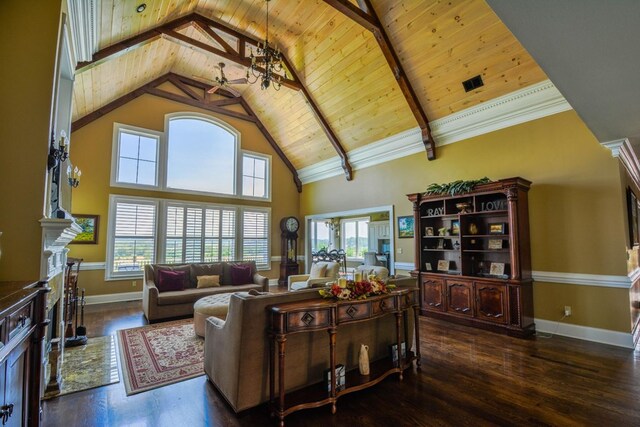 living room featuring ceiling fan, beam ceiling, high vaulted ceiling, wooden ceiling, and dark hardwood / wood-style floors