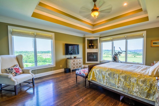 bedroom with ceiling fan, ornamental molding, and a tray ceiling