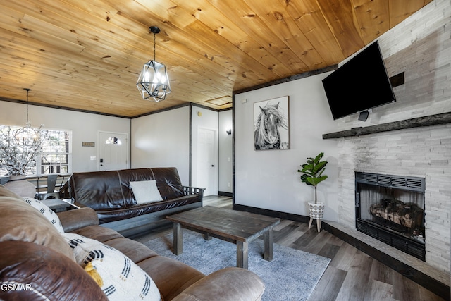 living room with wooden ceiling, a fireplace, baseboards, and wood finished floors